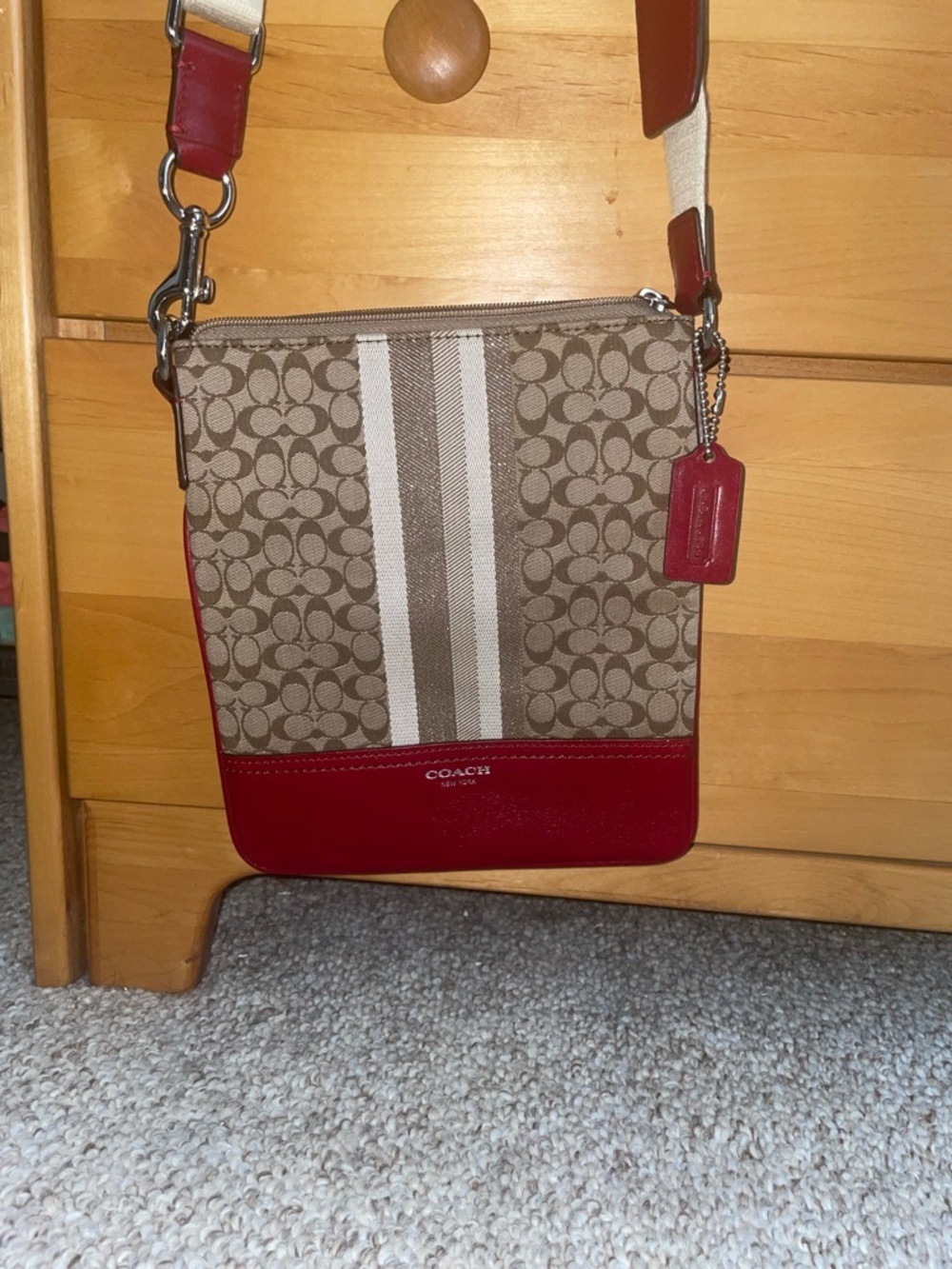 Coach Tan Signature Crossbody with Red Leather Trim
